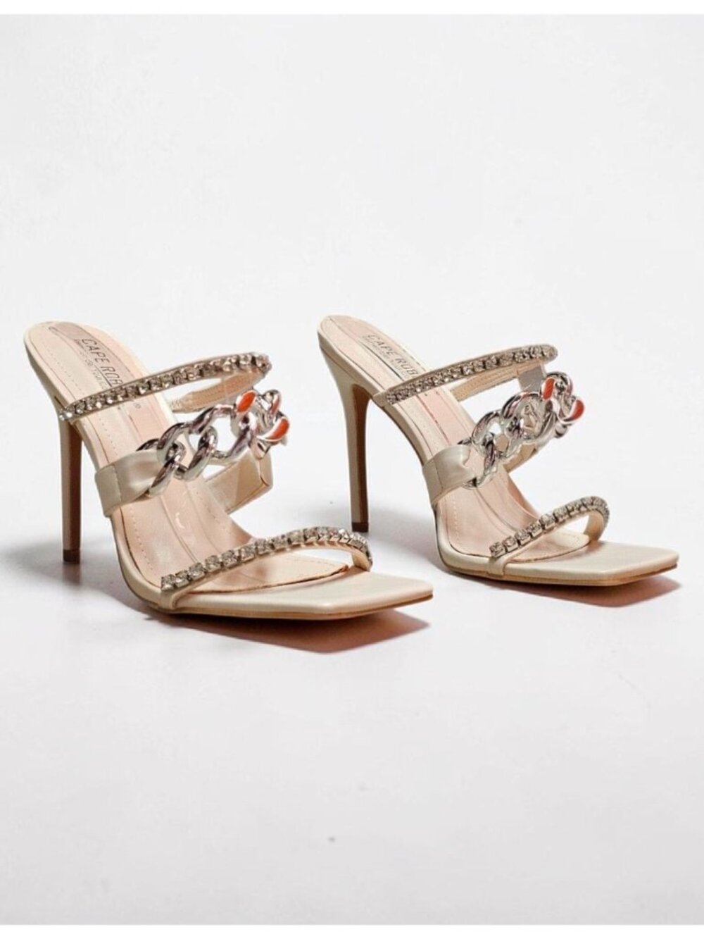 Elegant Rhinestone Chain Strap Stiletto Heels Off White Open Toe Square Toe Desi